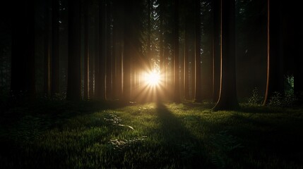 Sun rays through misty forest, nature scene, calm