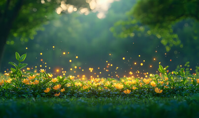 Magical Glowing Field with Floating Sparkles in a Serene Landscape