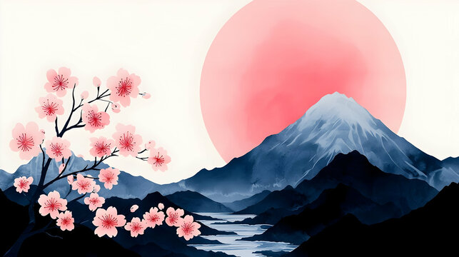 Serene Japanese Ukiyo-e Inspired Print of Cherry Blossoms and Mountains