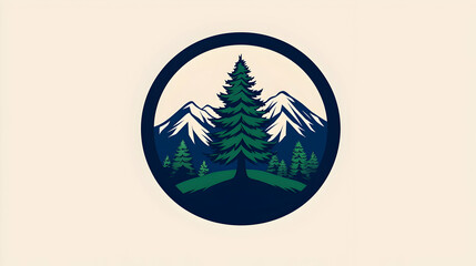 Vintage Oval Nature Scene with Pine Tree and Mountain Landscape