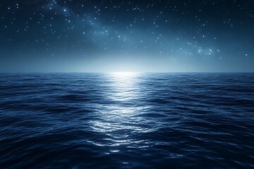 A vast ocean with gentle waves reflecting the starry night sky, symbolizing the infinite depth of thought