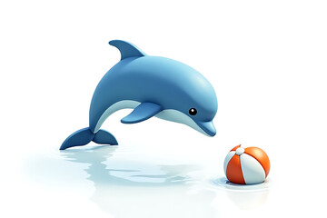 Obraz premium Cartoon dolphin jumping with a ball in the water, surrounded by a blue ocean, showing a playful underwater scene with marine life