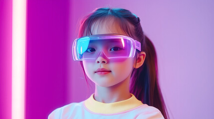 A kid girl learns online using futuristic technology. The concept of the integration of advanced digital tools in education, and learning experiences for the future generation. Generative AI.