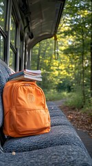Orange backpack with books sits on a bus seat outdoors.