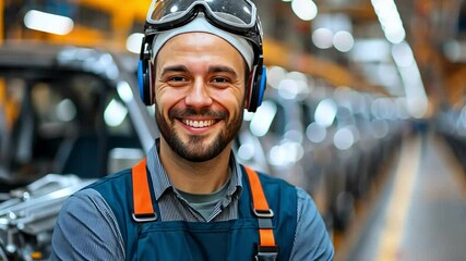 Confident factory worker in safety gear showcases pride in automotive assembly line, promoting positive work environment.