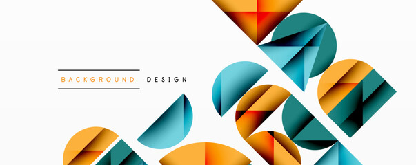 Abstract geometric background with layered gradient shapes forming dynamic patterns. Overlapping semi circles and triangles create depth and contrast