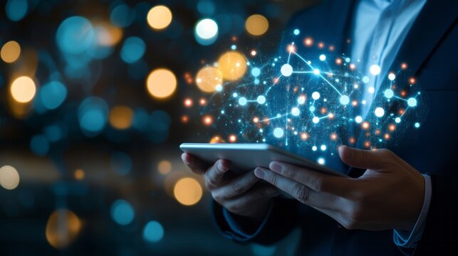 Businessperson holds tablet displaying digital network with abstract lights