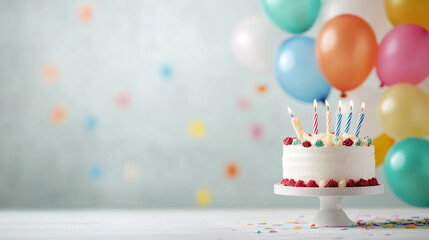 a celebratory birthday scene featuring a frosted cake with lit candles, colorful balloons, and confetti scattered around. a festive and cheerful atmosphere.