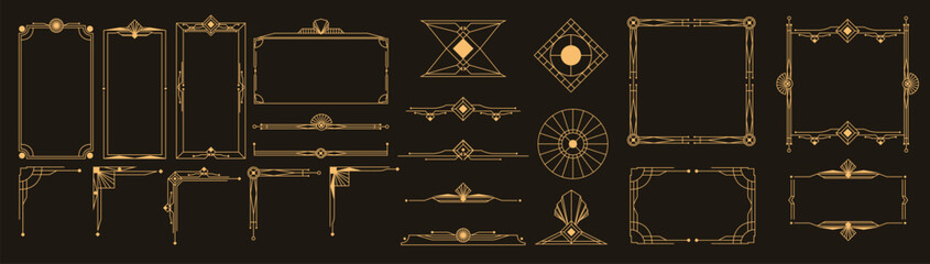 Collection of geometric art deco ornament. Luxury golden decorative element with different line, frame, headers, dividers, borders, gatsby. Calligraphy ornament set vector. © TWINS DESIGN STUDIO