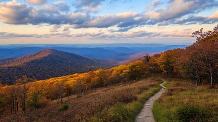 Autumnal mountain trail, scenic vista, fall foliage