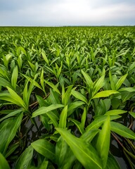 Obraz premium Lush Green Field of Plant Crops Spreading Underneath a Bright Cloudy Sky Agriculture Landscape