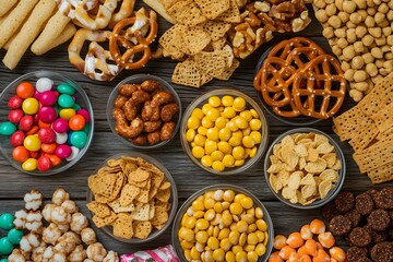 A top view of an assortment of snacks, including pretzels, nuts, candy, and cereal, on a wooden table