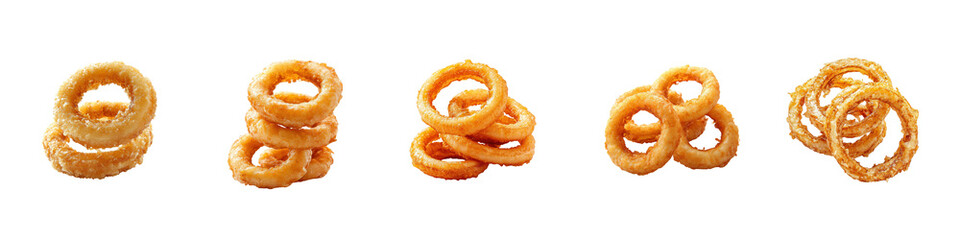 Crispy Golden Onion Rings in Different Arrangements on White Background