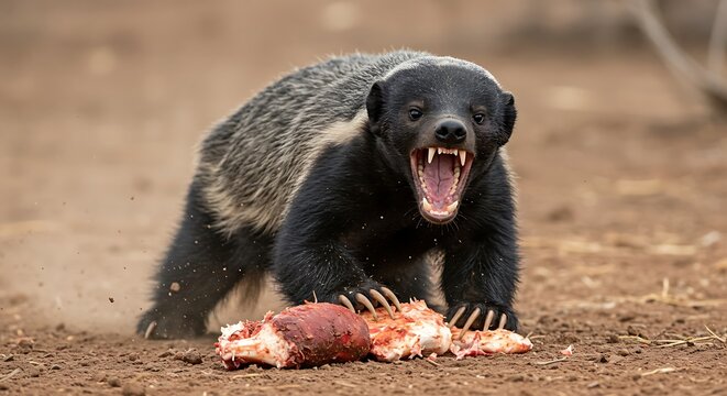 Honey Badger Feasting on Prey in African Savanna