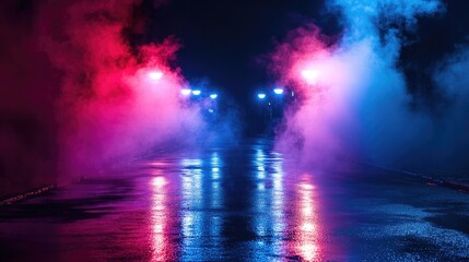 Wet asphalt, reflection of neon lights, a searchlight, and smoke. Abstract light in a dark empty street with smoke, smog. Dark background scene of empty street, night view