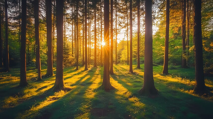Obraz premium Golden Sunlight Piercing Through the Forest