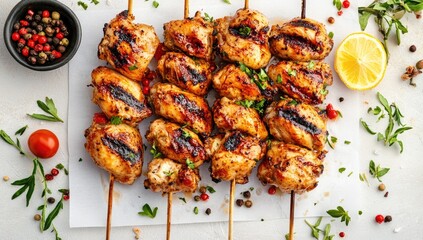 Grilled chicken skewers with herbs and lemon