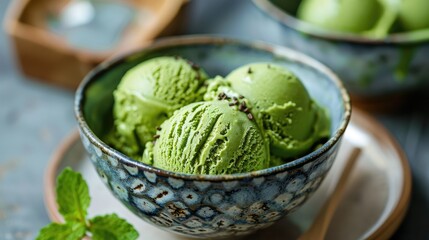 Refreshing Matcha Ice Cream in a Rustic Bowl