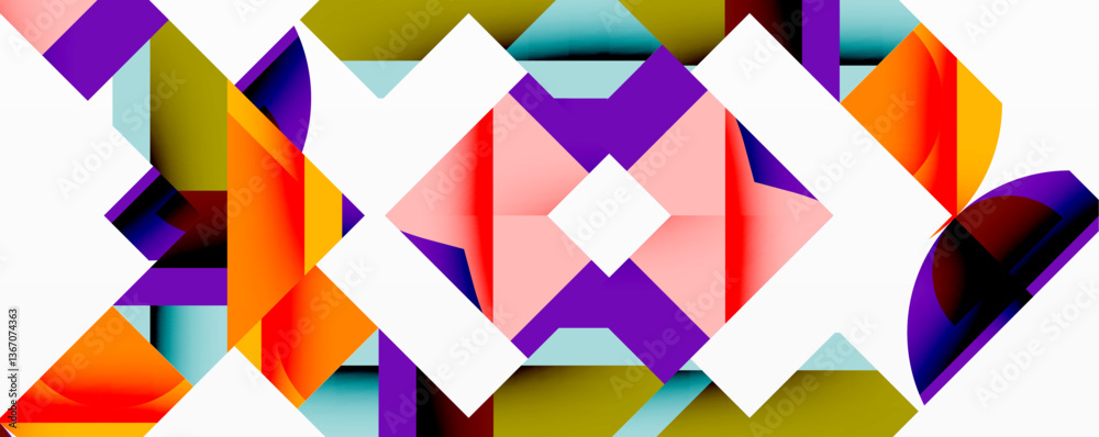 Poster Abstract geometric composition with interlocking circular and angular shapes, featuring smooth gradients and sharp contrasts on a white background