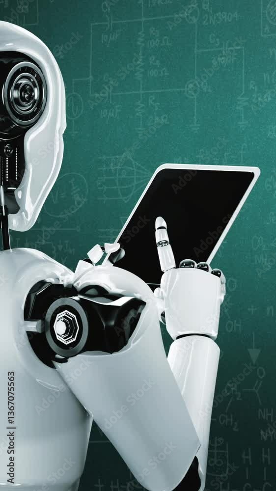 Poster robot hominoid using tablet computer for engineering science studying using ai thinking brain , arti