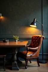 Dark wooden table with vintage leather chair and floor lamps , floor lamps, leather