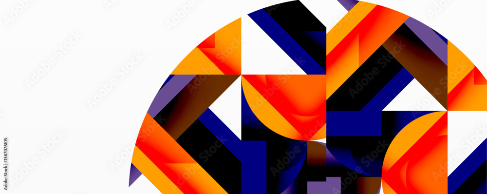 Poster Abstract geometric composition with interlocking circular and angular shapes, featuring smooth gradients and sharp contrasts on a white background