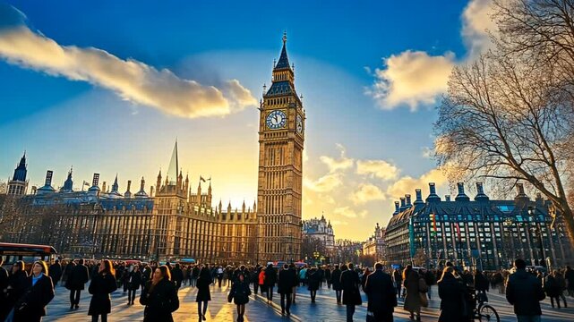 Big Ben and Palace of Westminster with walking crowds under glowing London sunset sky