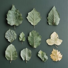 Assorted dried leaves are arranged on a muted green background