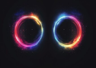 Abstract black background with multicolored light waves forming two circular shapes on the left and right side of the screen