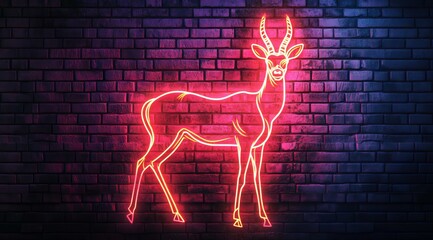 A deer is drawn with a glowing neon line against a brick wall background. A glowing neon sign forms a contour drawing of a deer against a dark grunge style brick wall.