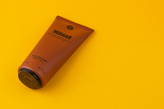 24.03.25 Lviv Ukraine Hoggar body cream on a bright yellow background