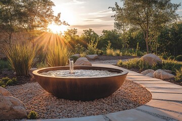 Obraz premium A tranquil zen garden with perfectly raked gravel patterns, bonsai trees, and a bamboo water fountain creating a peaceful atmosphere. 