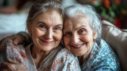 portrait of two elderly woman embracing