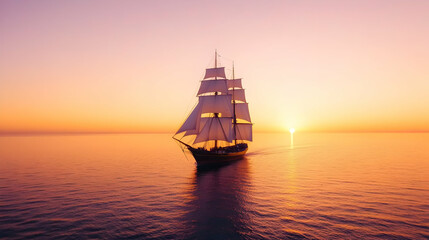 Obraz premium Classic Tall Ship Sailing Through a Glowing Sunset Over Calm Waters