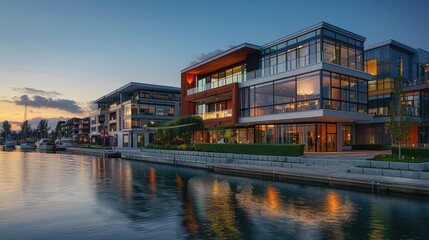Obraz premium Elegant Modern Waterfront Homes at Sunset Reflecting on Calm Waters