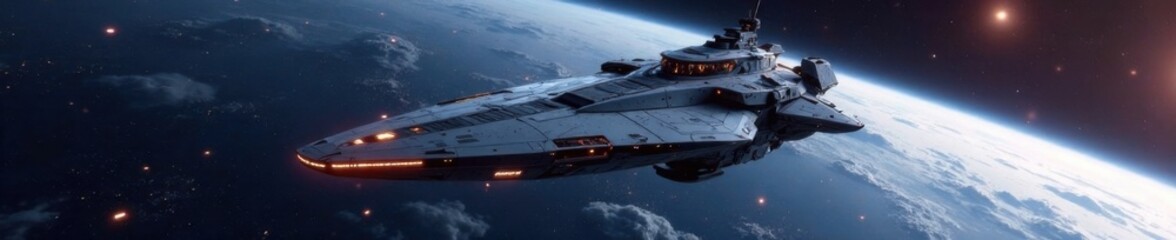 Futuristic Spacecraft Docked to Orbital Platform, spacecraft, glow, wires