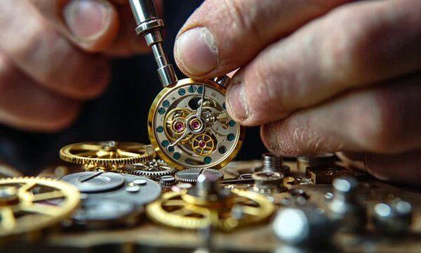 A skilled watchmaker repairs a complex wristwatch movement, showcasing its intricate internal mechanisms.