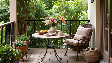 A charming terrace corner with a thoughtfully arranged table featuring handcrafted tableware, a fruit bowl, and a vase filled with fresh flowers