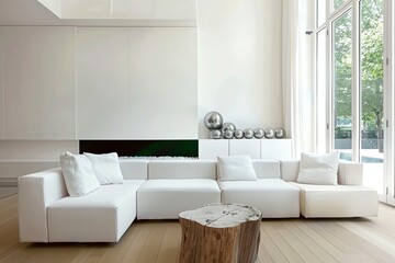 Modern White Sofa with Wood Coffee Table and Bright Interior Design