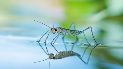 Fototapeta premium A water strider walking on a calm pond surface. 