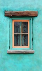 a window with blue shutters