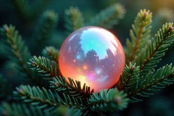 Obraz premium Iridescent eggshell-like sphere nestled among evergreen branches, misty, foliage, Christmas lights