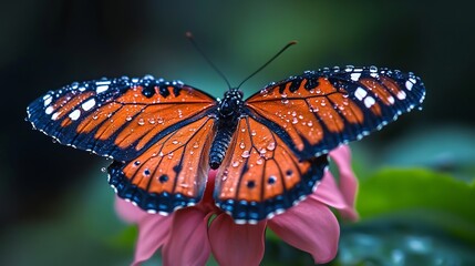 Fototapeta premium Raindrops on a butterflyâ€™s wings after a summer shower.