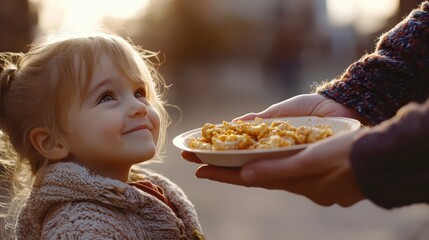 Naklejka premium Smiling Child Receiving Warm Food with Gratitude