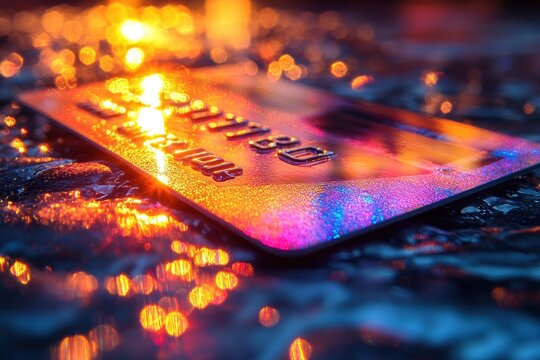 Reflection of Light on a Holographic Strip of a Credit Card Showcasing Vibrant Colors and Patterns in a Dynamic Urban Environment