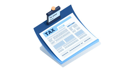 Tax form on a blue clipboard with a stamp on a black background