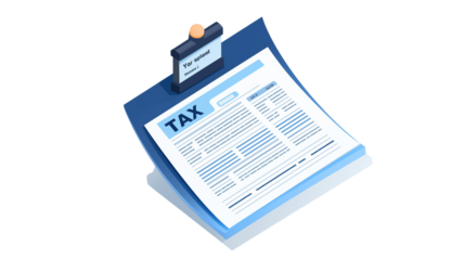 Tax form on a blue clipboard with a stamp on a black background