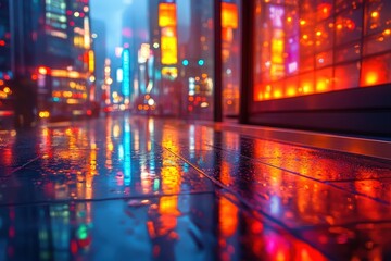 Obraz premium City Lights Create a Mesmerizing Reflection on a Sleek Bar in a High-Rise Venue During Dusk, Showcasing an Elegant Atmosphere Filled With Vibrant Energy