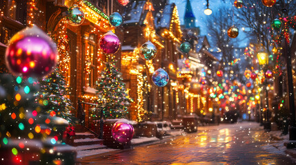 Obraz premium Snowy Christmas Street Decorated with Lights and Ornaments