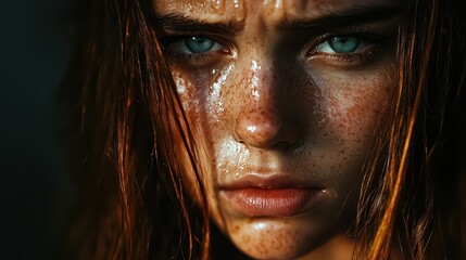 Emotional Close-Up Portrait of Wet Woman